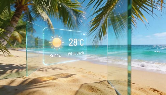 Transparent ar weather hud floating over tropical beach with palm shadows and ocean view