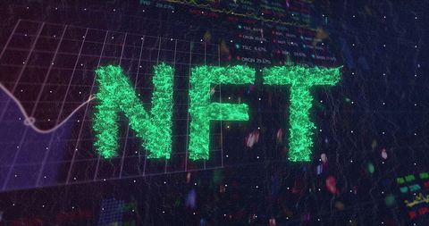 Glowing nft digital art on stock market background