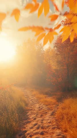 Traveling along cobblestone path through golden autumn forest at sunrise vertical video