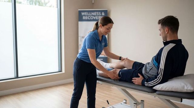 Female physiotherapist assessing male patient knee mobility during sports rehabilitation