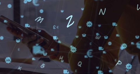 Social media icons overlay with woman using smartphone