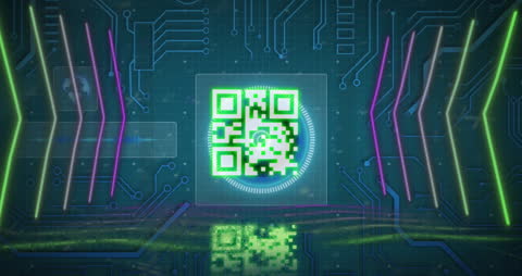 Digital QR Code on Futuristic Circuit Board Design