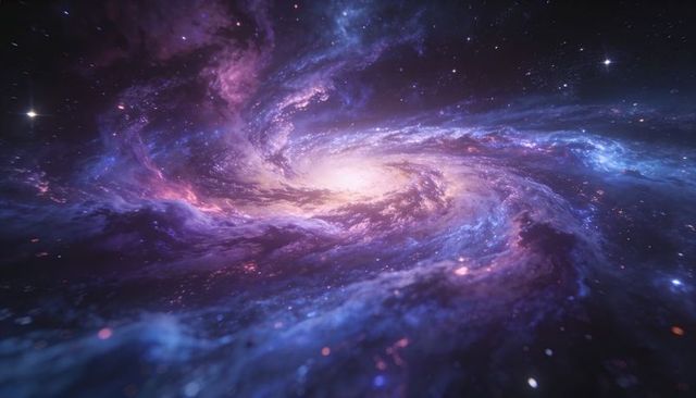 Spiral galaxy vortex with luminous core and purple nebula arms, deep space concept art