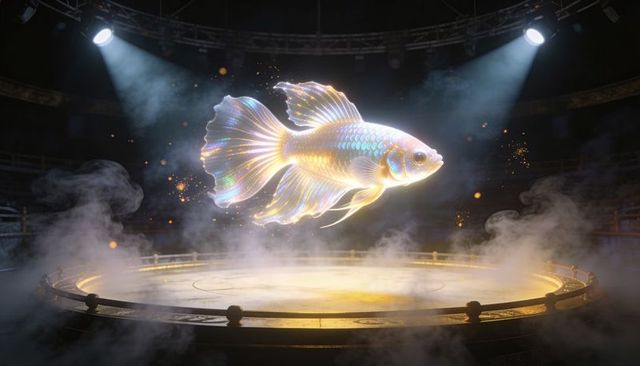 Floating iridescent goldfish glowing above circular stage under dramatic spotlights, mist