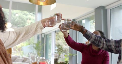 Diverse friends raising glasses and clinking at sunlit dining table for casual toast