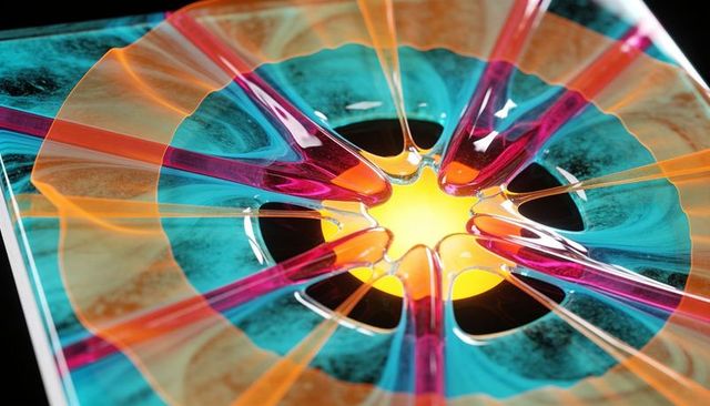 Glowing resin disk radiating magenta-orange strands across teal rim with golden core