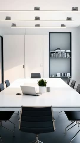 Vertical corporate video tracking modern conference table with laptop focus, minimal vibe