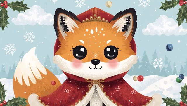 Kawaii fox wearing red hooded cloak in snowy christmas woodland with holly and ornaments