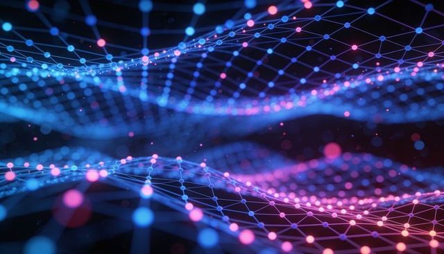 Neon 3d data mesh with flowing network waves and glowing nodes for ai tech visualization