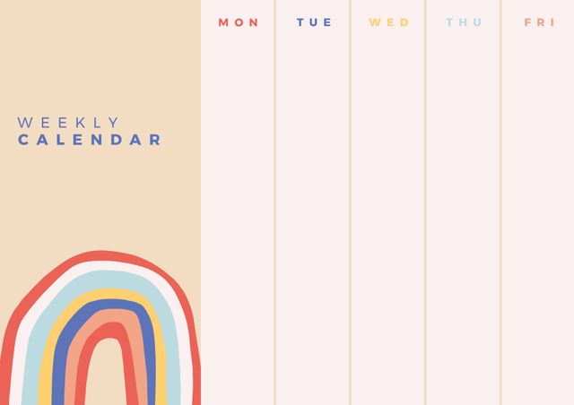 Colorful weekly planner template with rainbow illustrations. Left column includes 'Weekly Calendar' text, and remaining space divided into five sections, each representing days Monday to Friday. Perfect for staying organized, creating to-do lists, planning weekly tasks. Ideal for students, professionals, creative minds.