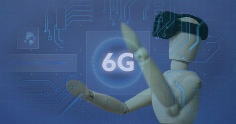 Wooden Mannequin Wearing VR Headset with 6G Network Interface