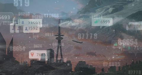 Surreal Cityscape with Social Media Icons and Reactions