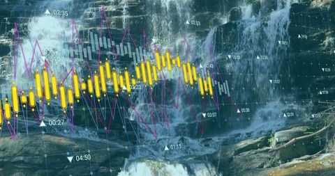 Financial Charts Overlaying Serene Waterfall