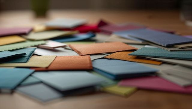 Layered textured color swatches with pinked edges on wooden tabletop for design and craft