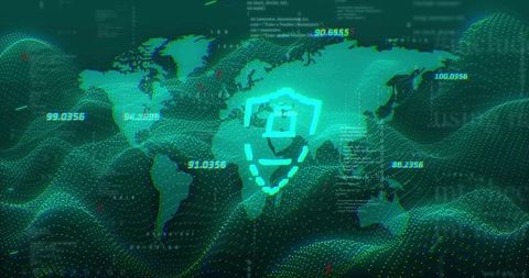 Neon teal cybersecurity shield lock hovering over global dotted map with data streams