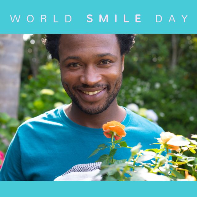 Use this cheerful image of a man smiling in a garden to promote events or campaigns for World Smile Day. Perfect for social media posts, blogs, and newsletters that focus on positivity, happiness, and nature.