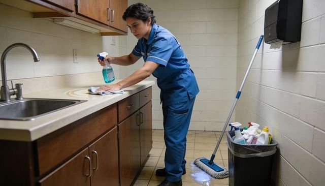 Custodian in blue uniform cleaning kitchenette countertop and sink, commercial sanitation
