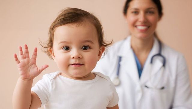 Waving baby visiting pediatrician with stethoscope and warm beige background