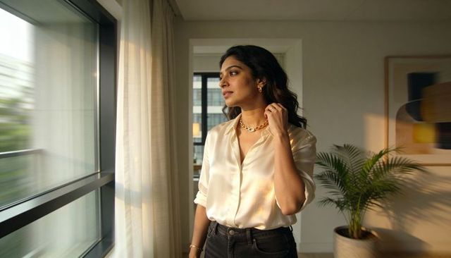 Sunlit modern apartment portrait of woman gazing out window wearing cream silk blouse