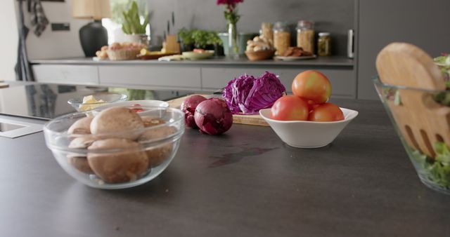 Close up of food and equipment on countertop in kitchen. Food, cooking and healthy living.