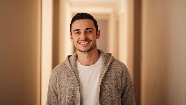 Young man smiling in cozy zip hoodie standing in warm corridor with soft natural light