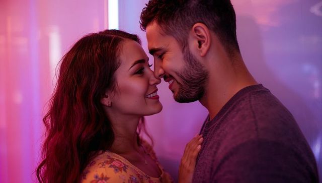 Romantic couple leaning and touching noses under neon magenta and purple lighting