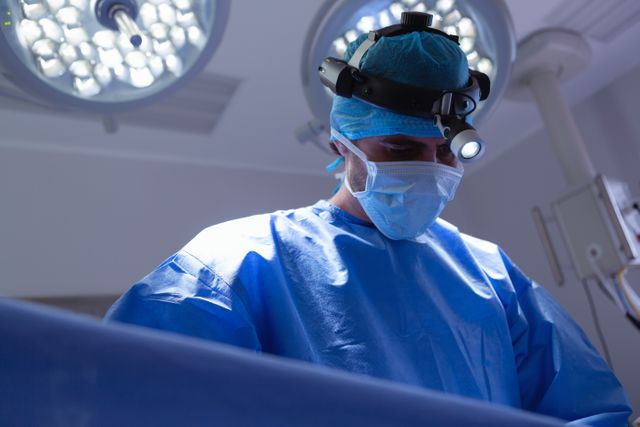 Low angle view of male surgeon with headlight performing surgery in operation room at hospital