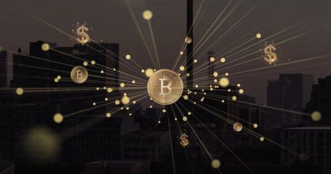 Bitcoin Cryptocurrency with Dollar Symbols Over Cityscape