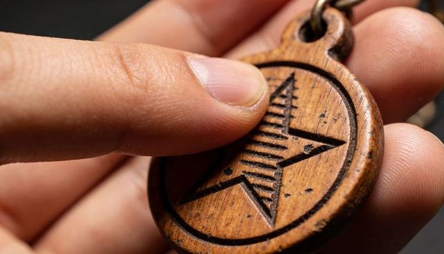 Holding carved wooden star pendant close-up showing weathered grain, texture and ring