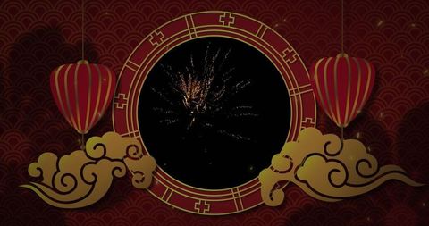 Festive asian lanterns and fireworks celebrating cultural traditions