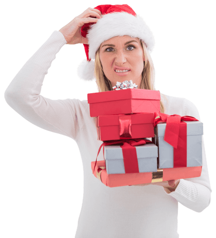 confused woman in santa hat holding gift boxes transparent background - Download Free Stock Videos Pikwizard.com