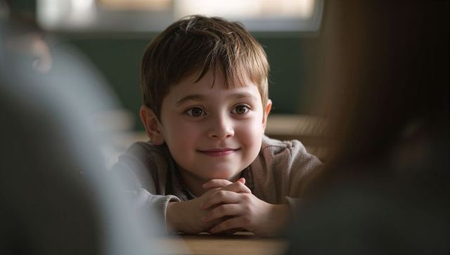Elementary student smiling and leaning on desk, warm classroom portrait in soft daylight
