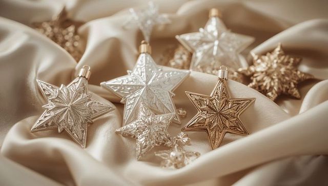 Shimmering Gold and Silver Star Ornaments on Champagne Satin for Luxury Holiday Decor