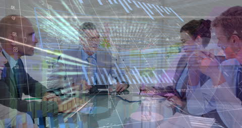 Collaborative Business Meeting Amidst Global Data Visuals