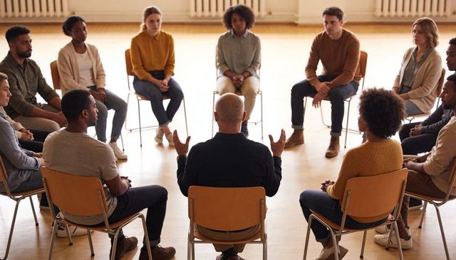Leading group therapy session with facilitator guiding diverse support circle in daylight