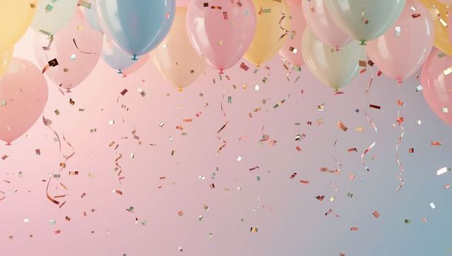 Floating pastel balloons with metallic confetti and curling ribbons on soft gradient backdrop
