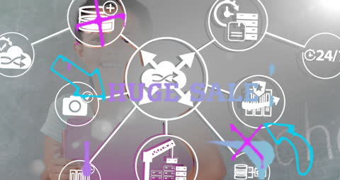 Huge Sale Graphic with Network Connections on Schoolgirl Background