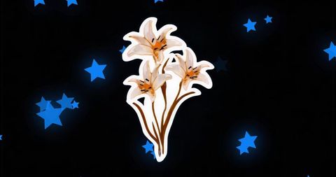 White lily bouquet floating in cosmic night with glowing blue stars and golden stems