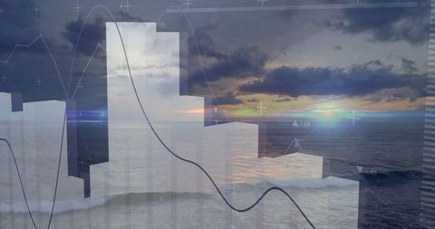 Abstract financial graph over ocean at dusk: data analytics concept