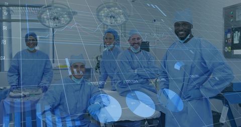 Surgical team collaborating in operating room with holographic data overlay for planning