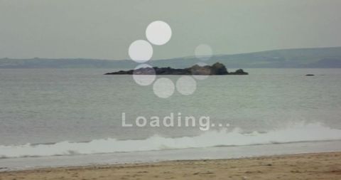 Muted coastal horizon featuring rocky islet and loading spinner overlay on sandy beach