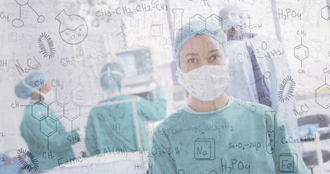 Surgeons in Operating Room with Chemistry Diagrams Overlay