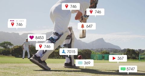 Male Cricket Players with Social Media Connectivity Icons