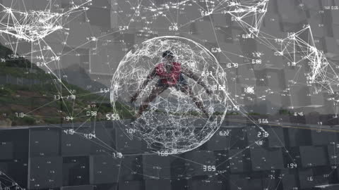 Digital Network Sphere over Athlete Stretching on Road