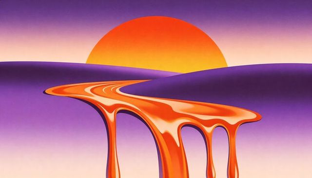 Glossy molten ribbon flowing across purple dunes at vibrant sunset