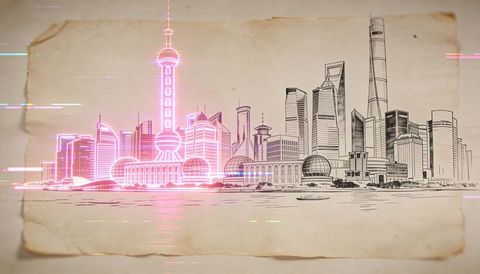 Neon-outlined shanghai skyline sketch on aged parchment waterfront with futuristic glow