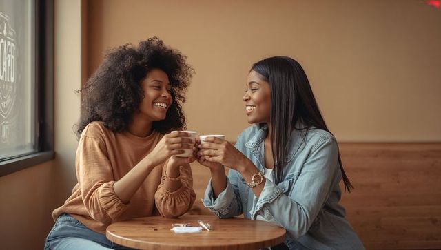 Friends sharing coffee and laughing in sunlit cafe while chatting and relaxing