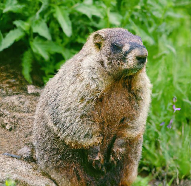 Close up of black and brown wild groundhog in forest. Nature, harmony and animals concept.