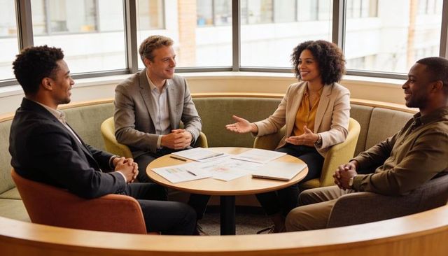 Diverse team collaborating around round table in modern office lounge discussing strategy