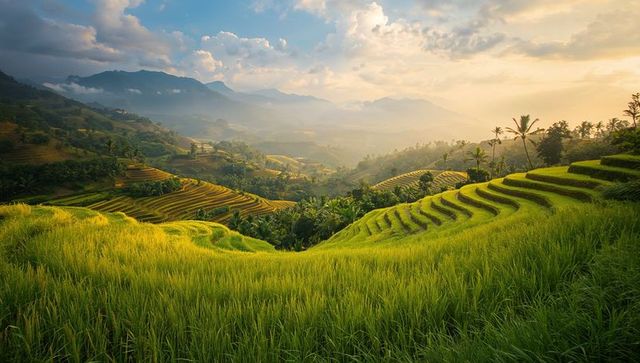 Sunlit terraced rice paddies cascading over lush hills with misty mountains at sunrise
